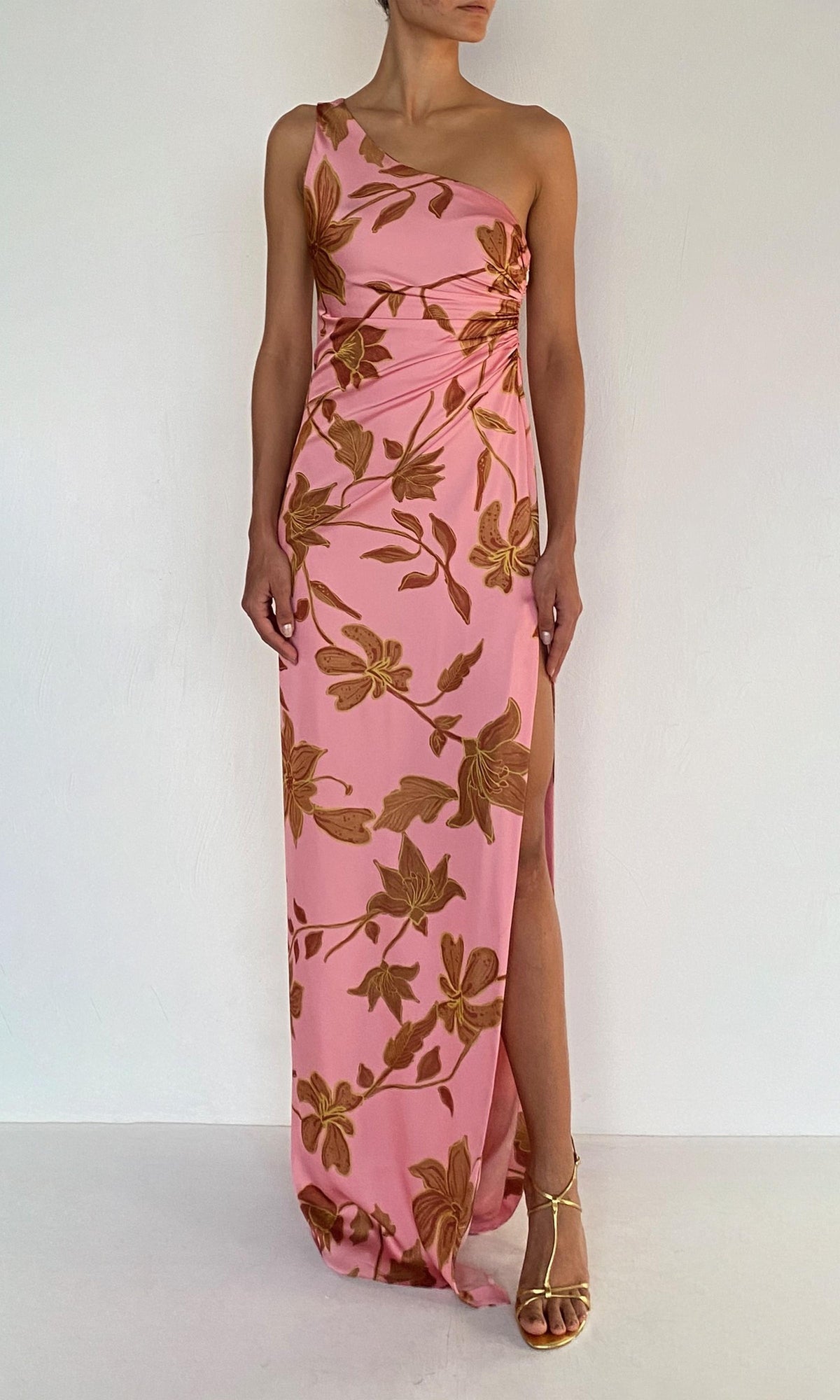 Rococo Sand | Mae Polyester Satin Lycra One Shoulder Ruched Maxi Dress | Peach