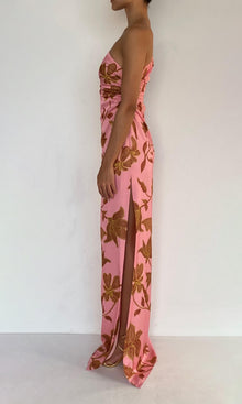 Rococo Sand | Mae Polyester Satin Lycra One Shoulder Ruched Maxi Dress | Peach
