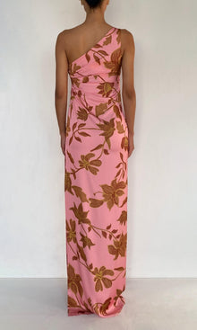 Rococo Sand | Mae Polyester Satin Lycra One Shoulder Ruched Maxi Dress | Peach