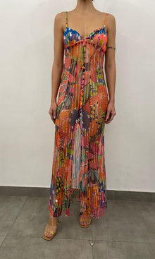 Womens | Plum Polyester Stripe Net High Low Maxi Dress | Multi Fruit