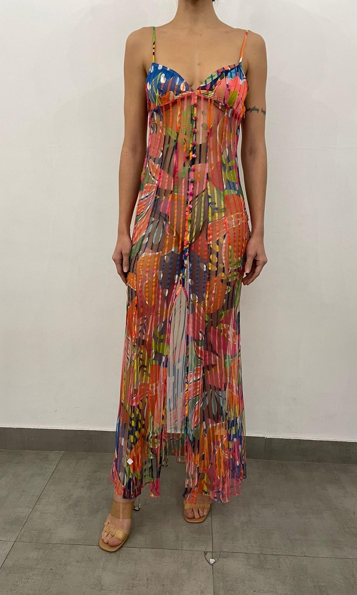 Womens | Plum Polyester Stripe Net High Low Maxi Dress | Multi Fruit