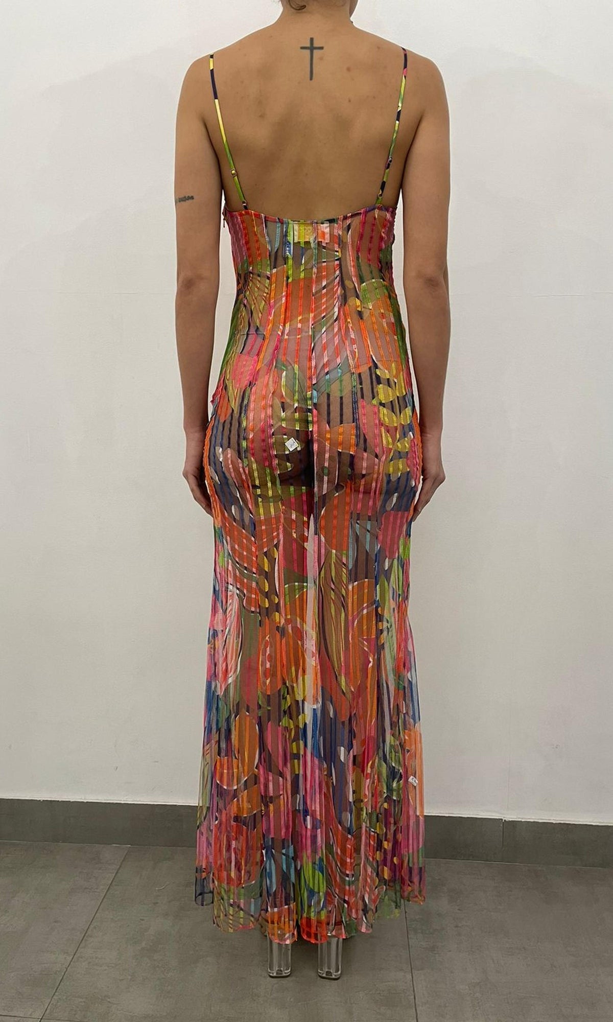 Womens | Plum Polyester Stripe Net High Low Maxi Dress | Multi Fruit