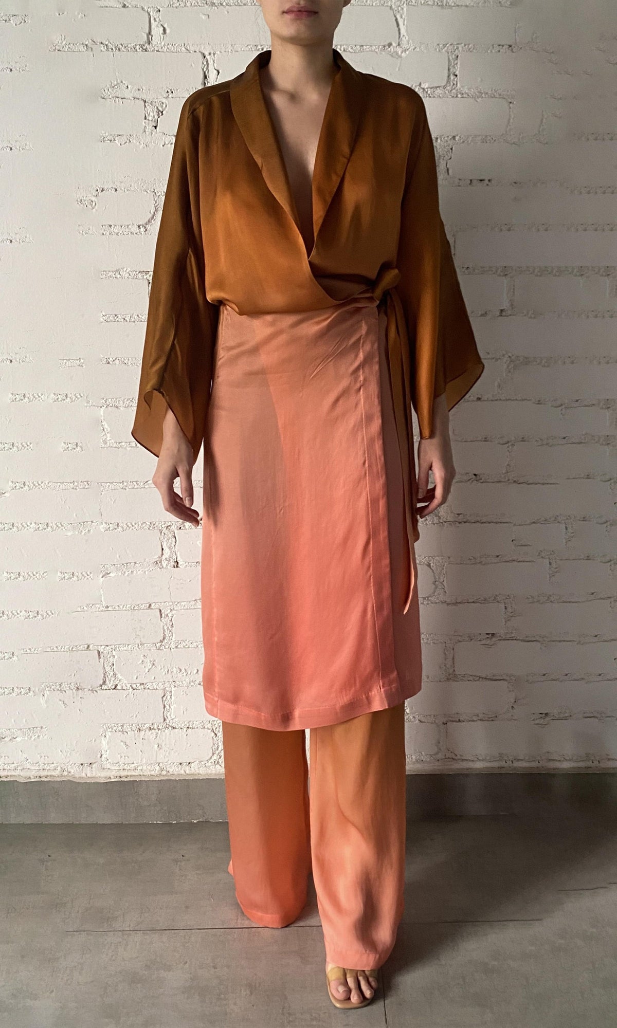 Rococo Sand | Rae Viscose Satin Long Dress | Peach Brown Ombre