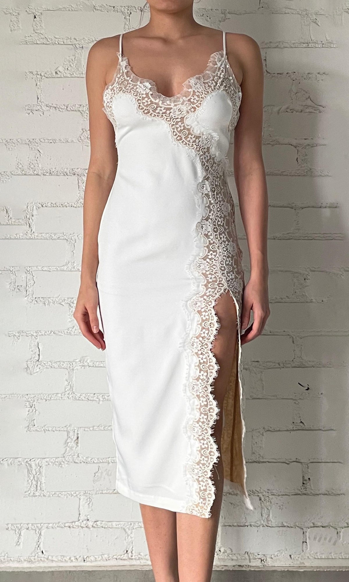 Womens | Rita Polyester Heavy Crepe Lace Insert Midi Dress | White