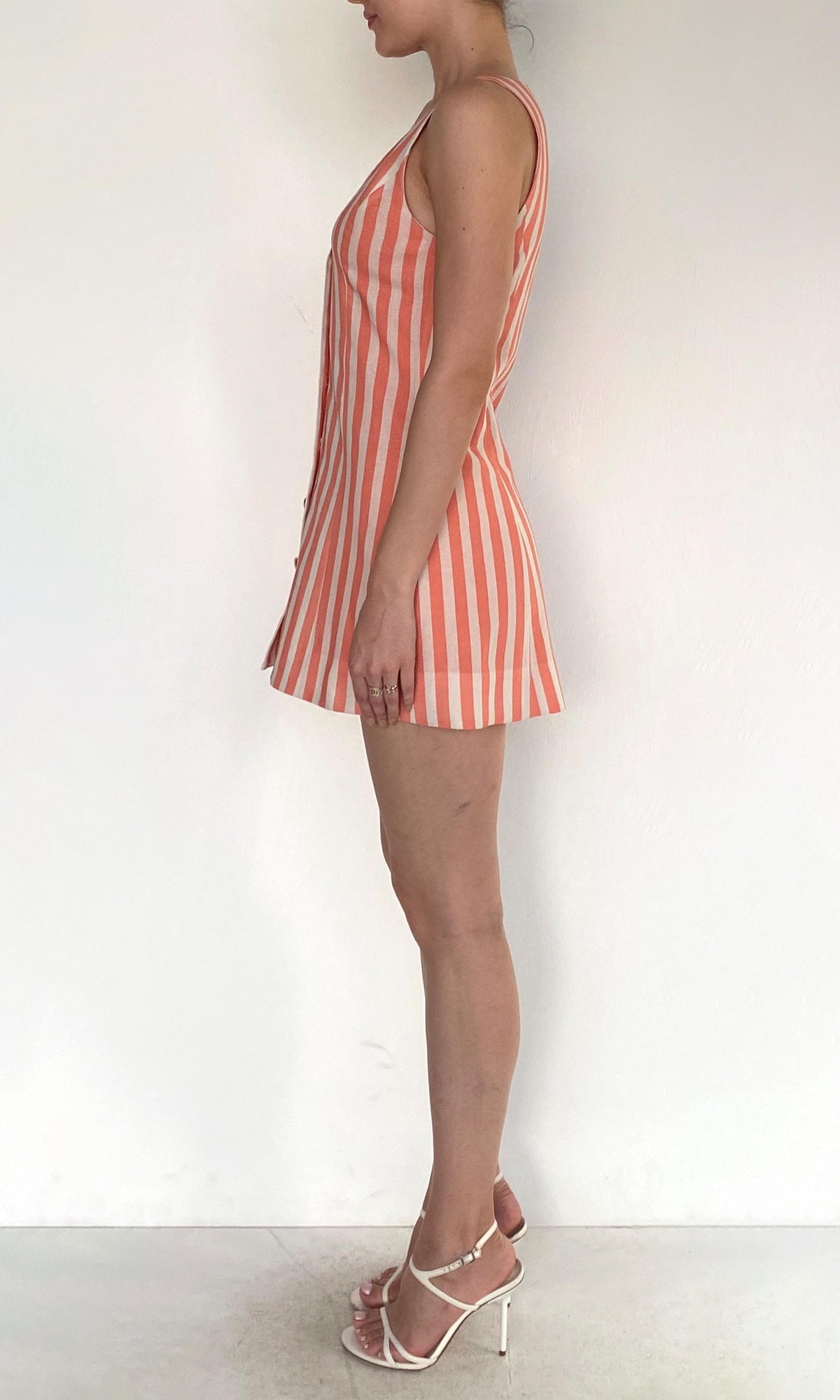 Rococo Sand | Riv Linen Cotton Front Button Open Mini Dress | Coral