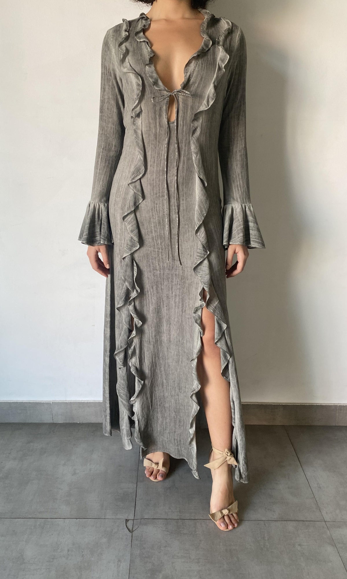 Rococo Sand | River Viscose Cotton Georgette Deep V-Neck Long Sleeve Maxi Dress | Grey
