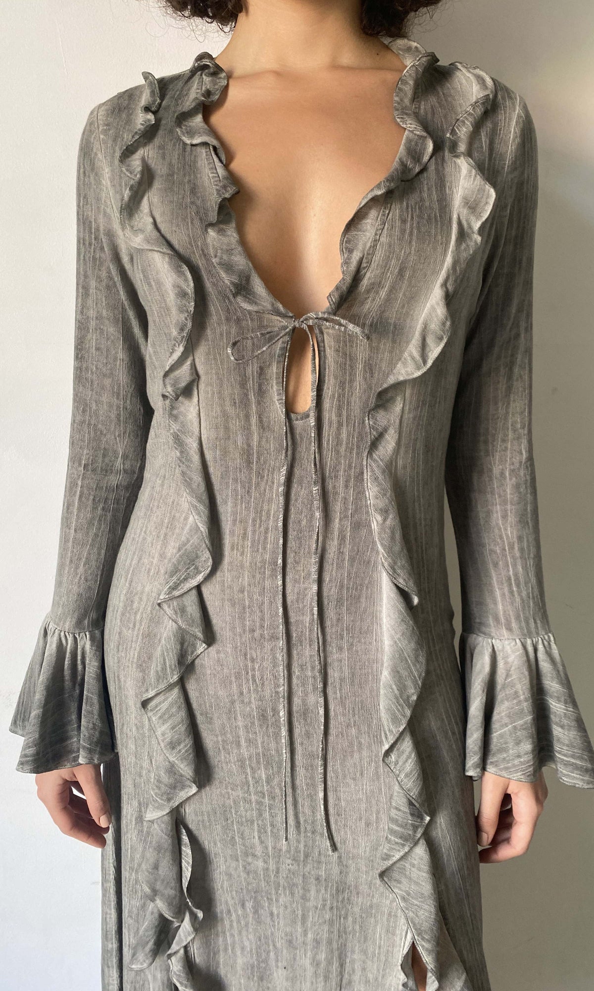Rococo Sand | River Viscose Cotton Georgette Deep V-Neck Long Sleeve Maxi Dress | Grey