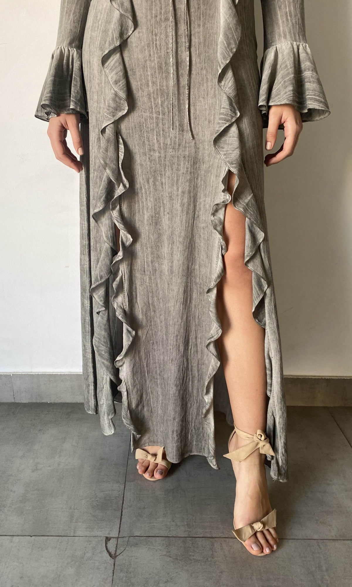 Rococo Sand | River Viscose Cotton Georgette Deep V-Neck Long Sleeve Maxi Dress | Grey