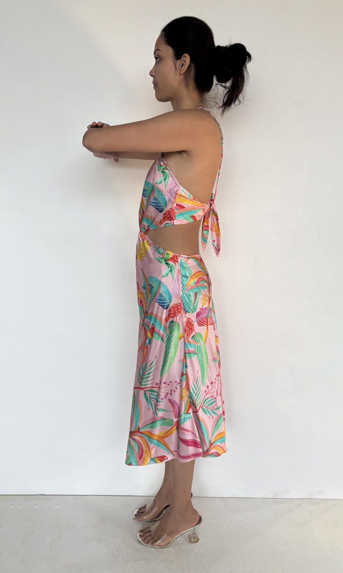 Rococo Sand | Rue Polyester Satin Lycra Midi Dress | Pink