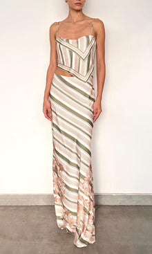 Rococo Sand | Taio Polyester Satin Lycra Maxi Skirt | Off-White Green