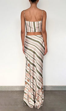 Rococo Sand | Taio Polyester Satin Lycra Maxi Skirt | Off-White Green