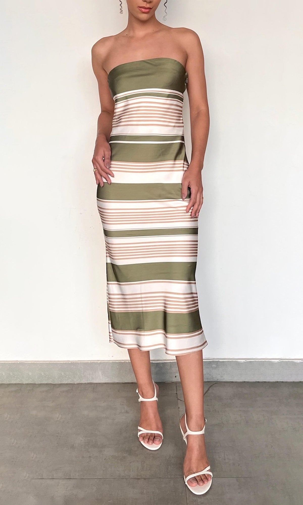 Rococo Sand | Taio Polyester Double Satin Strapless Midi Dress | Off-White Green