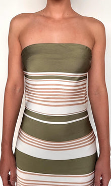 Rococo Sand | Taio Polyester Double Satin Strapless Midi Dress | Off-White Green