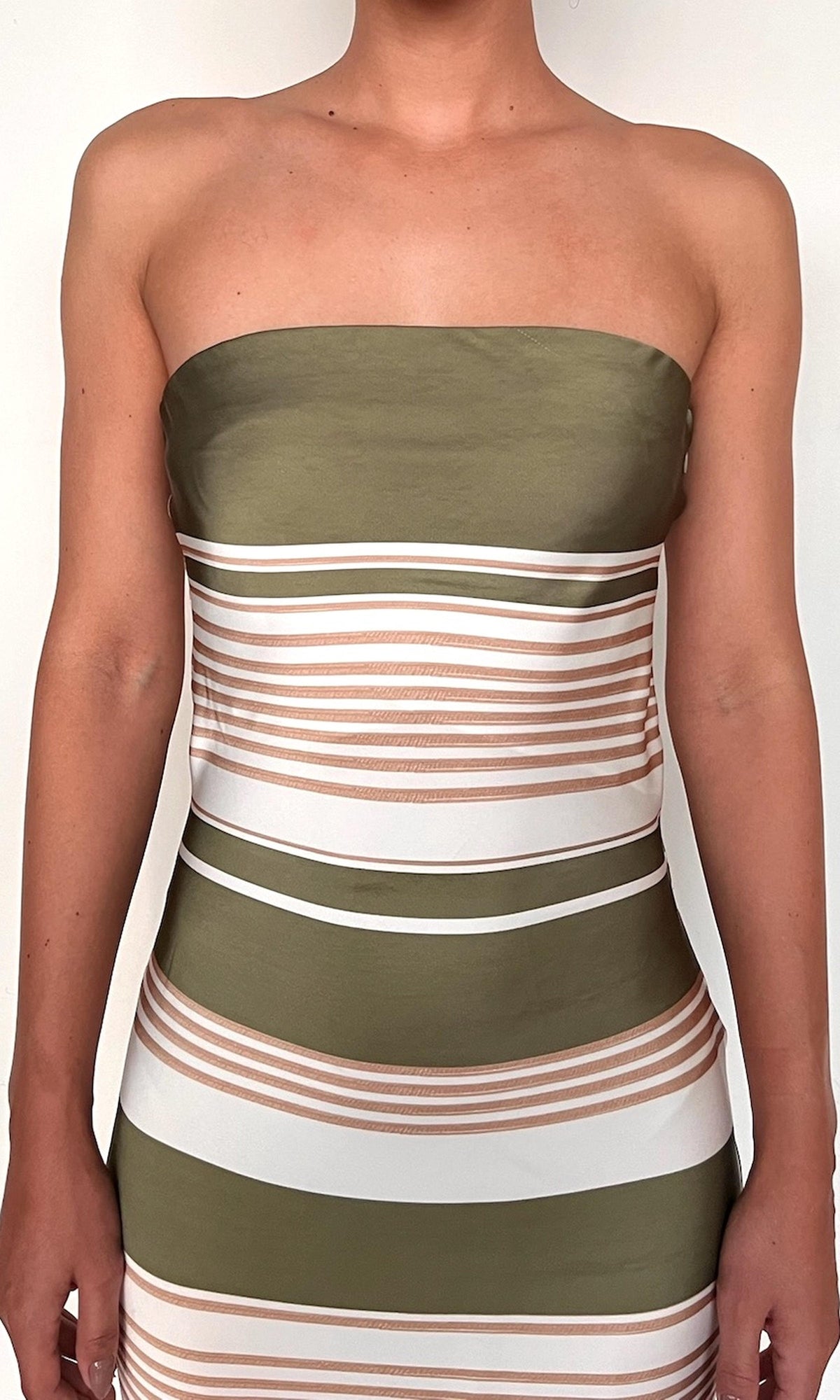 Rococo Sand | Taio Polyester Double Satin Strapless Midi Dress | Off-White Green