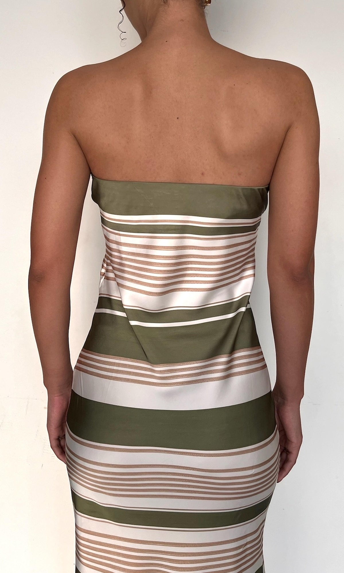 Rococo Sand | Taio Polyester Double Satin Strapless Midi Dress | Off-White Green