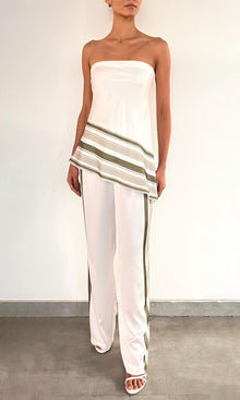 Rococo Sand | Taio Polyester Satin Lycra Elasticated Pyjama Pants | Off-White Green