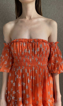 Rococo Sand | Vega Viscose Georgette Star Lurex Long Dress | Orange