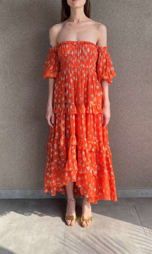 Rococo Sand | Vega Viscose Georgette Star Lurex Long Dress | Orange