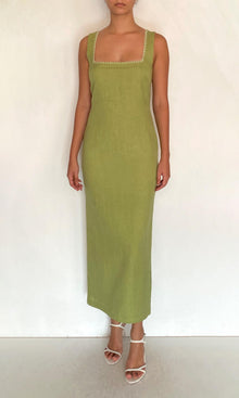 Rococo Sand | Zin Linen Cotton Square Neck Midi Dress | Green