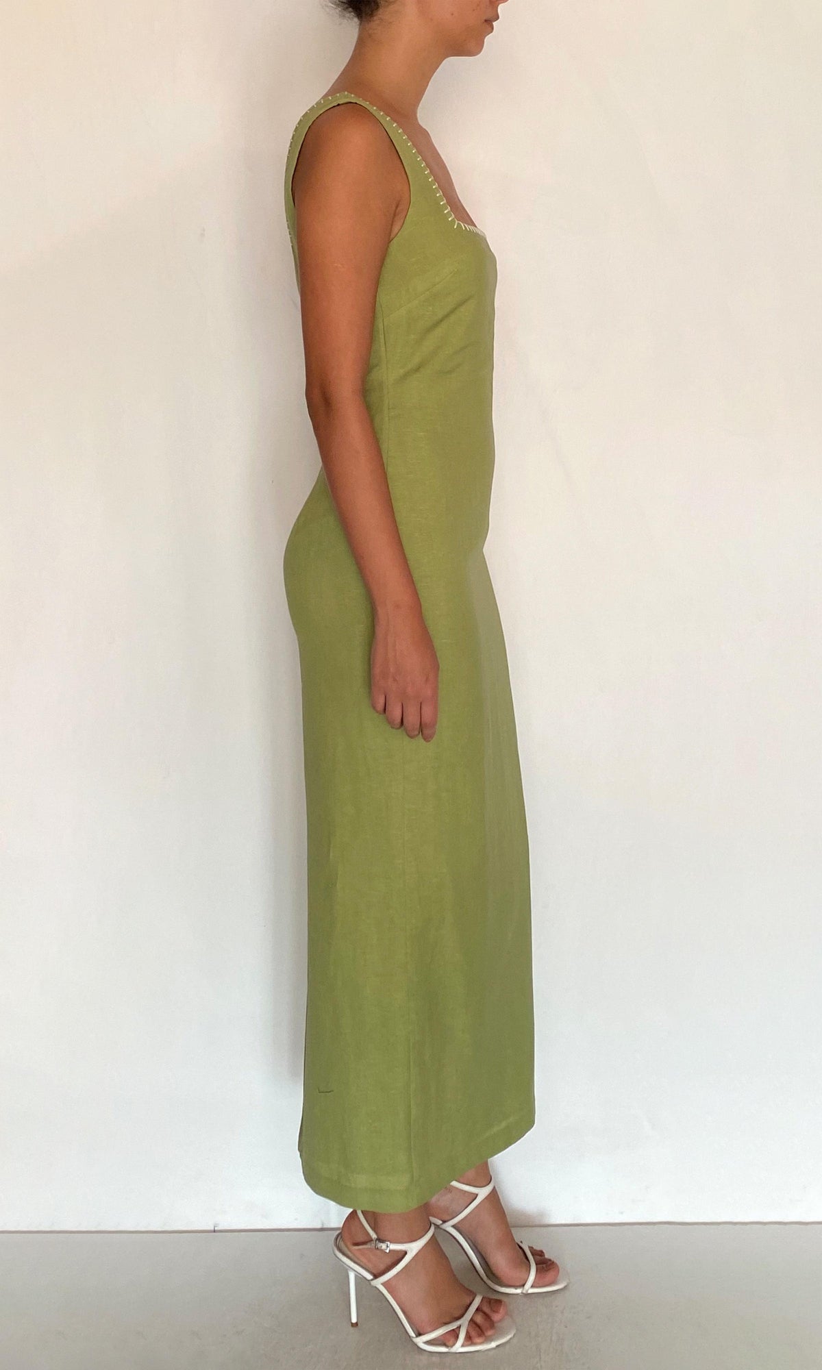 Rococo Sand | Zin Linen Cotton Square Neck Midi Dress | Green