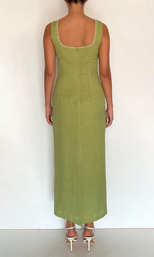 Rococo Sand | Zin Linen Cotton Square Neck Midi Dress | Green
