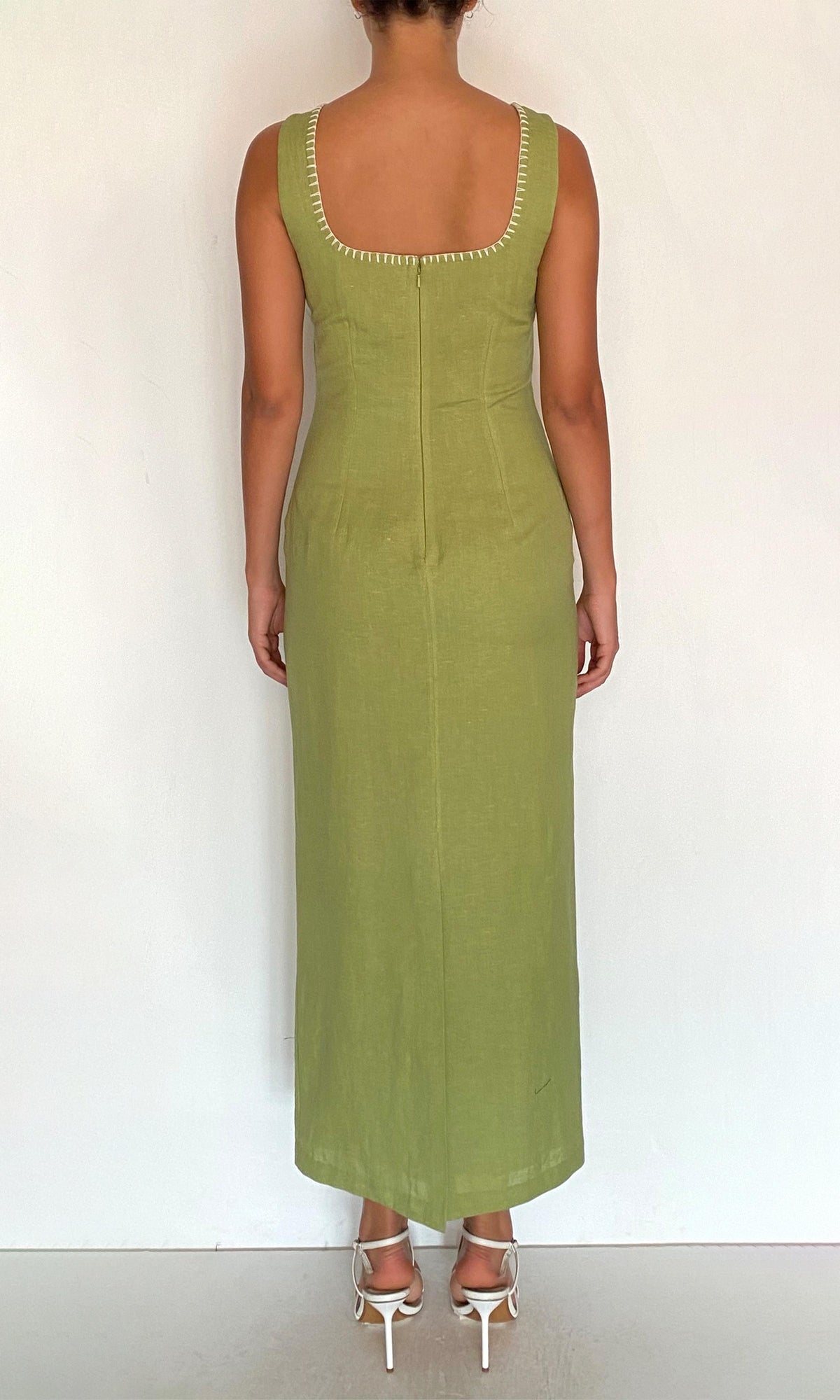 Rococo Sand | Zin Linen Cotton Square Neck Midi Dress | Green