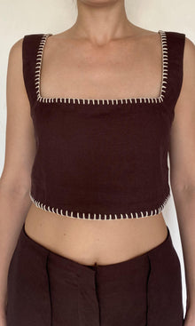 Rococo Sand | Zin Linen Cotton Square Neck Boxy Top | Brown