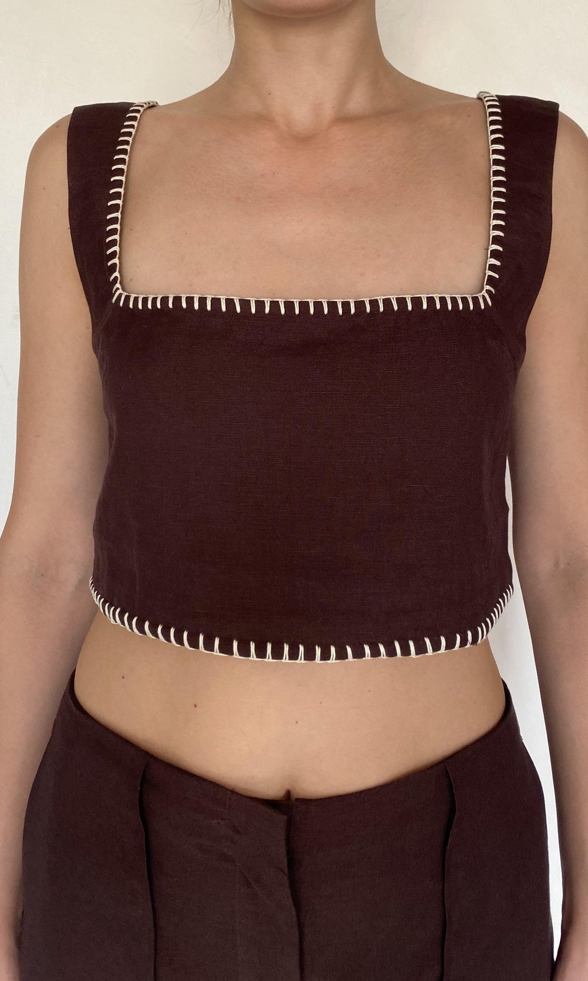 Rococo Sand | Zin Linen Cotton Square Neck Boxy Top | Brown