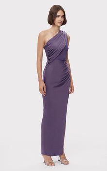 Ruched Woven Combo S/L Gown | Plum