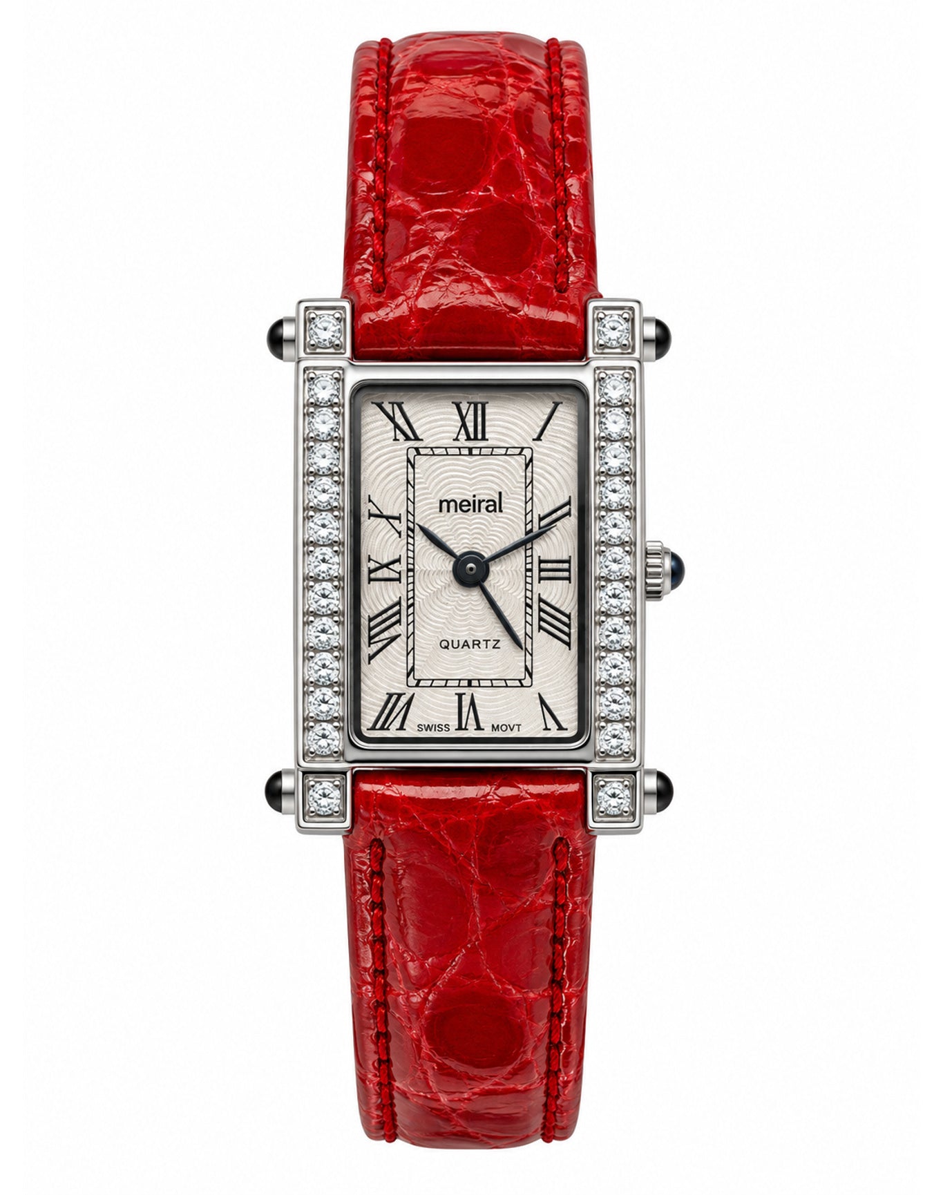 Red Diamond Rectangular Watch Genuine Leather Band | White