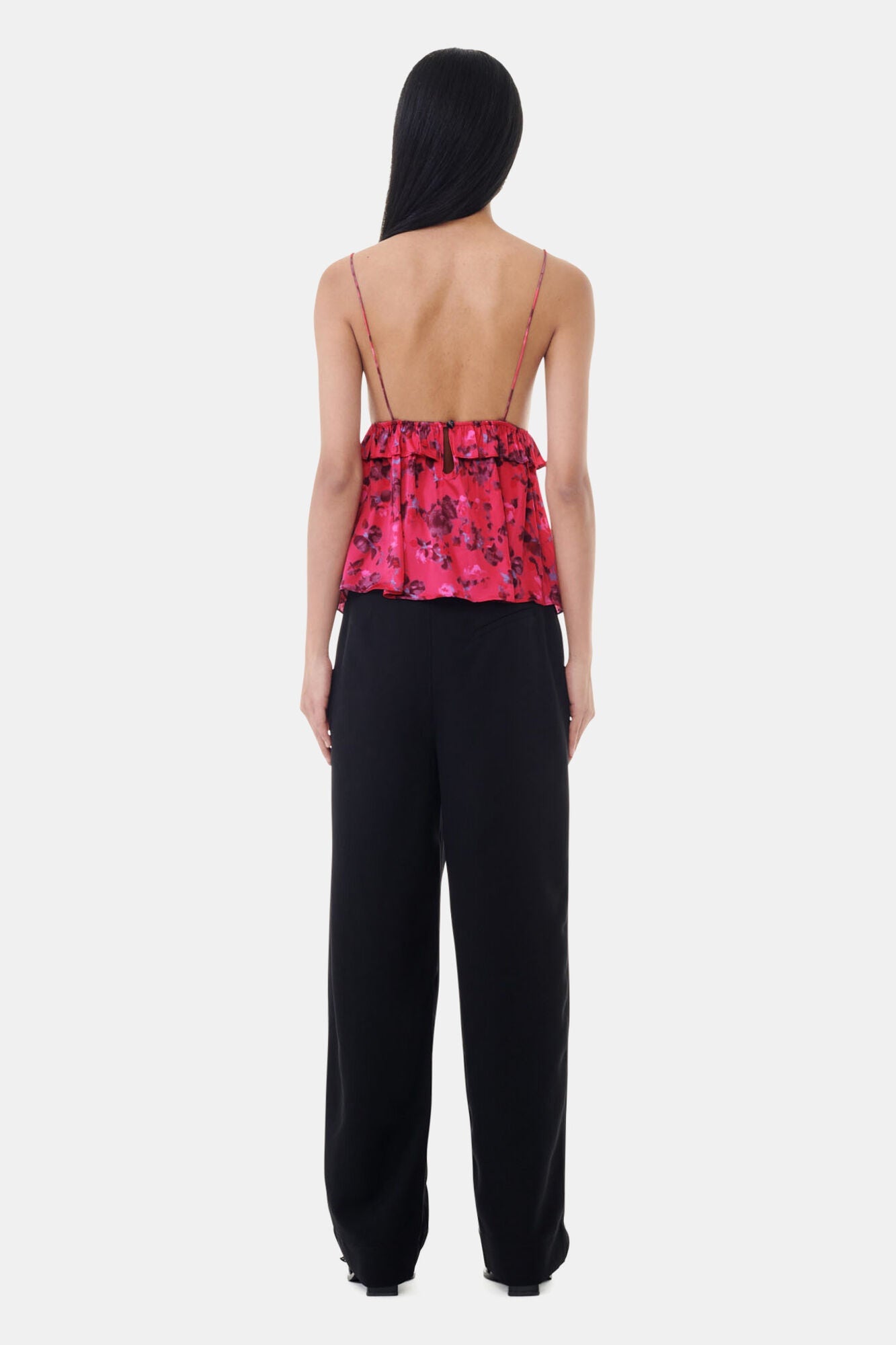 Red Floral Printed Satin Strap Top | Raspberry Wine