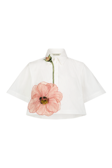 Peony Embroidered Cotton Poplin Cropped Shirt | White/Pink