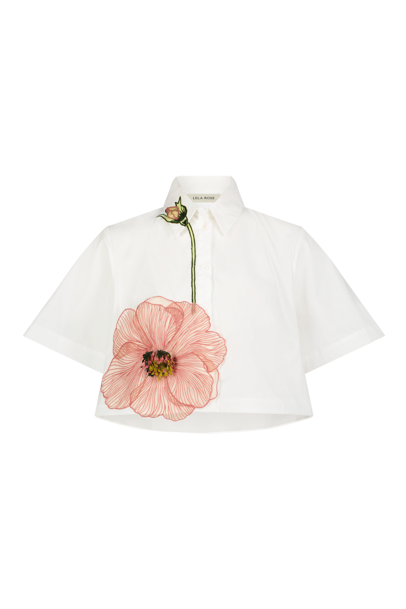 Peony Embroidered Cotton Poplin Cropped Shirt | White/Pink