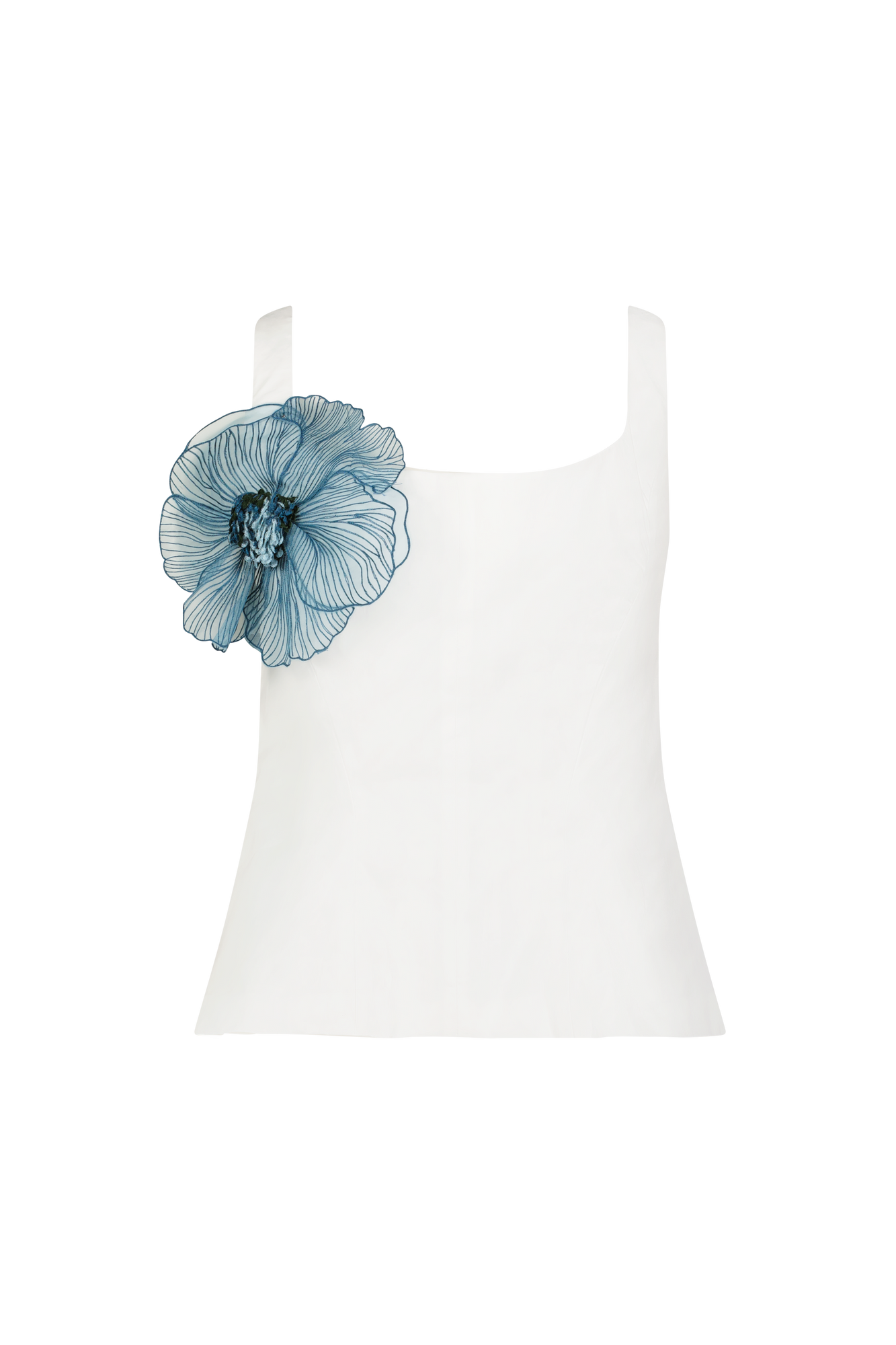 Peony Embroidered Cotton Poplin Scoop Neck Top | White/Mallard