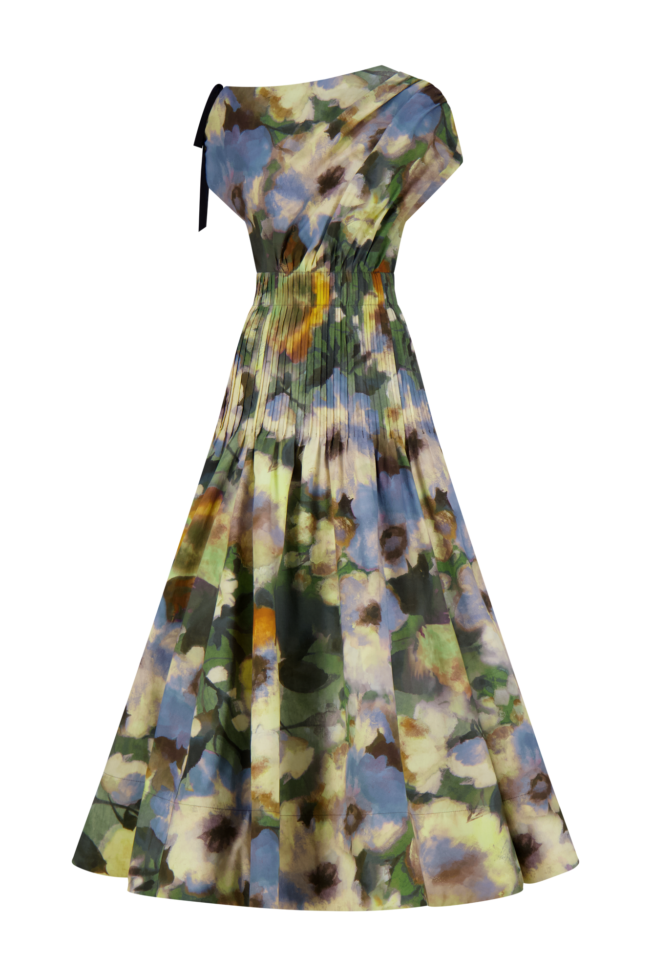 Floral Printed Cotton Draped Shoulder Pleated Dress | Cactus Multi