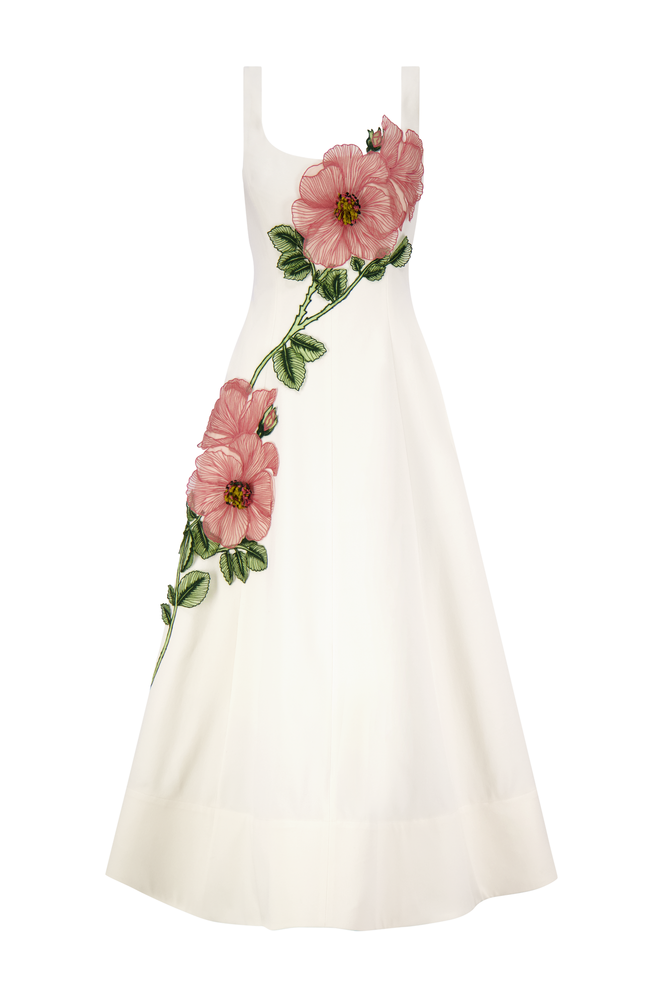 Peony Embroidered Stretch Cotton Full Dress | Cream/Pink