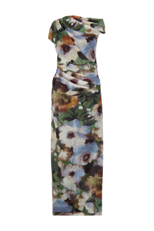 Floral Printed Chiffon Draped Column Gown | Cactus Multi