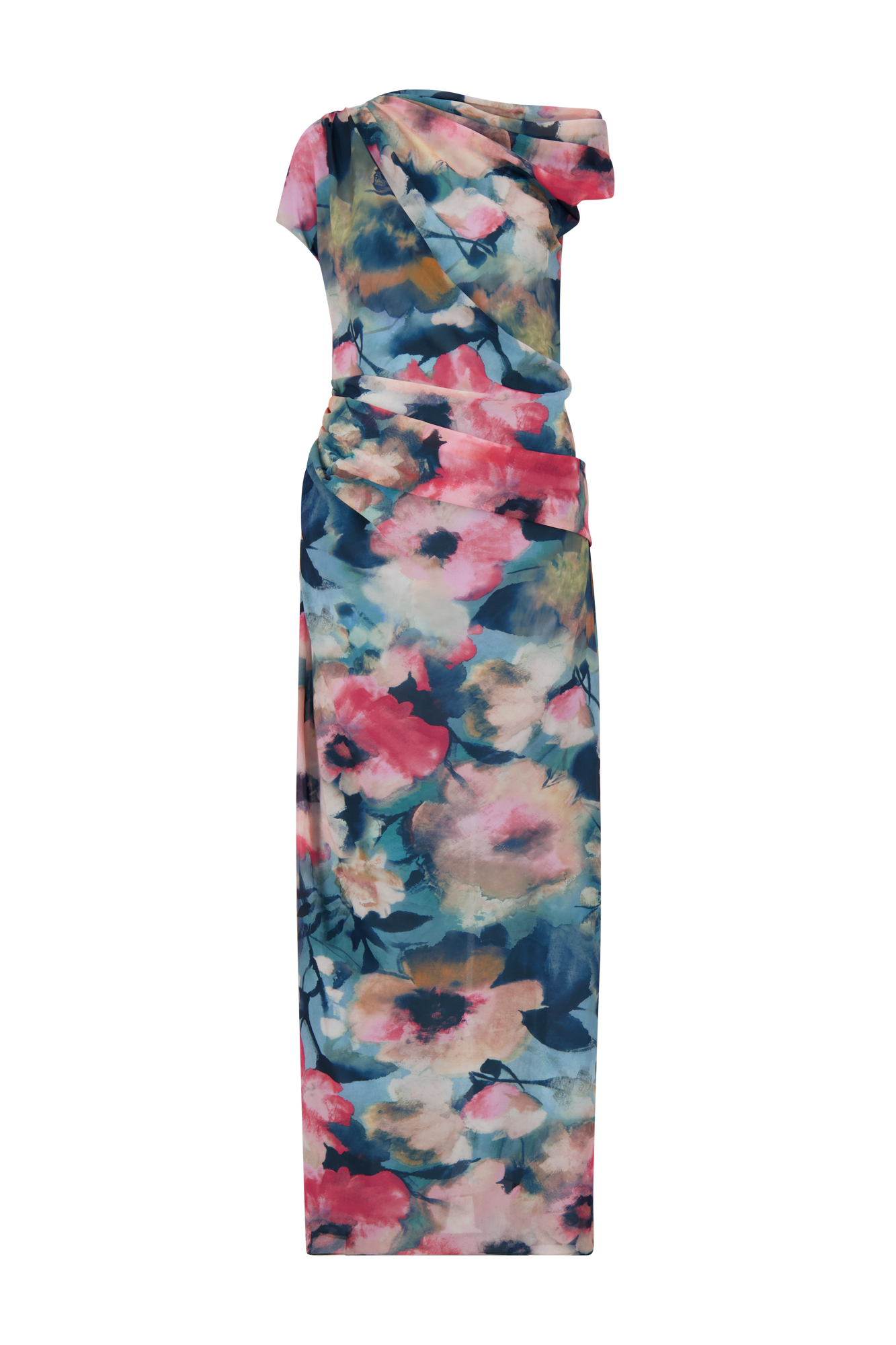 Floral Printed Chiffon Draped Column Gown | Mist Multi