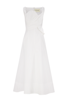 Cotton Poplin Draped Floral Dress | White