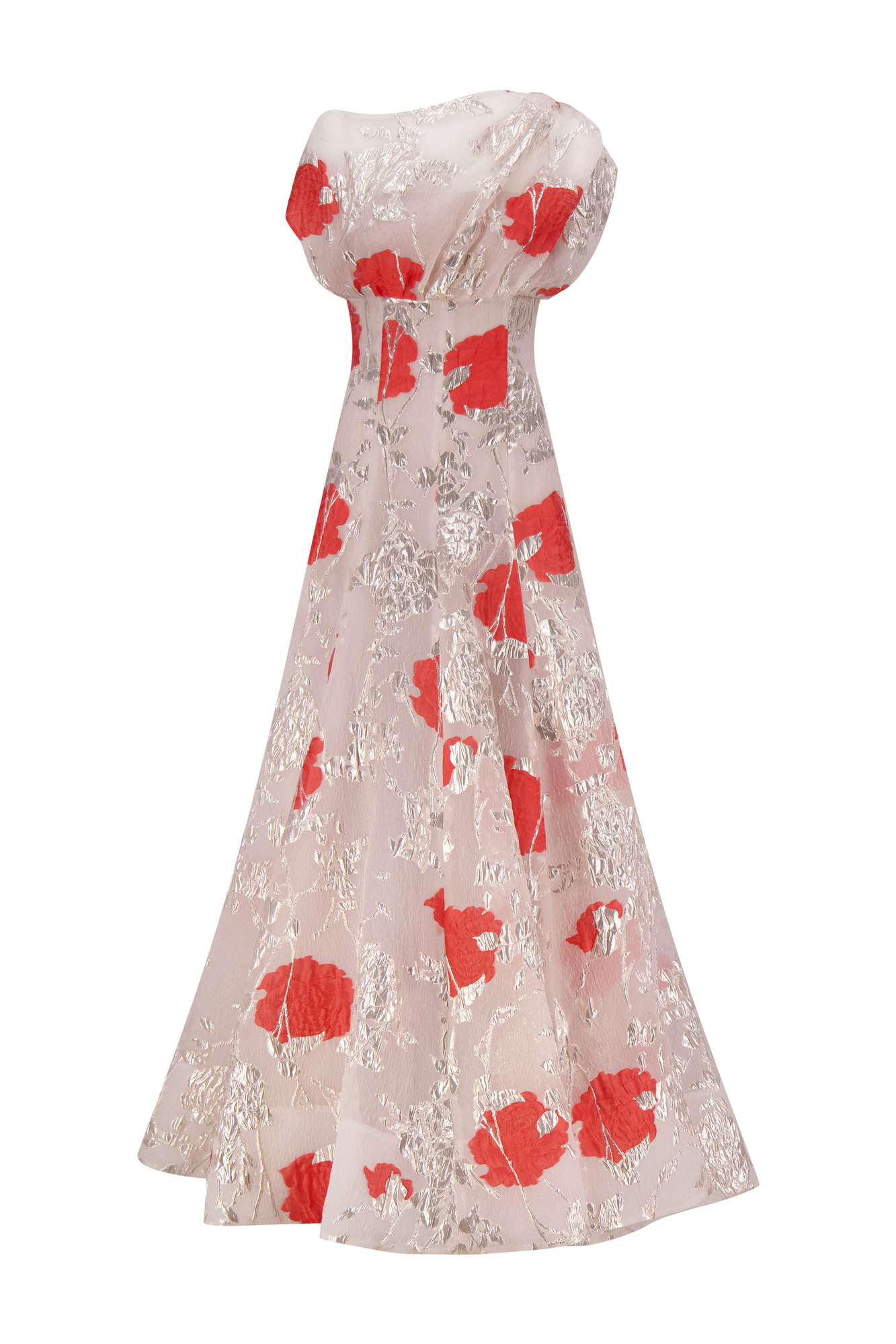 Floral Fil Coupe Draped Shoulder Pleated Gown | Blush Multi