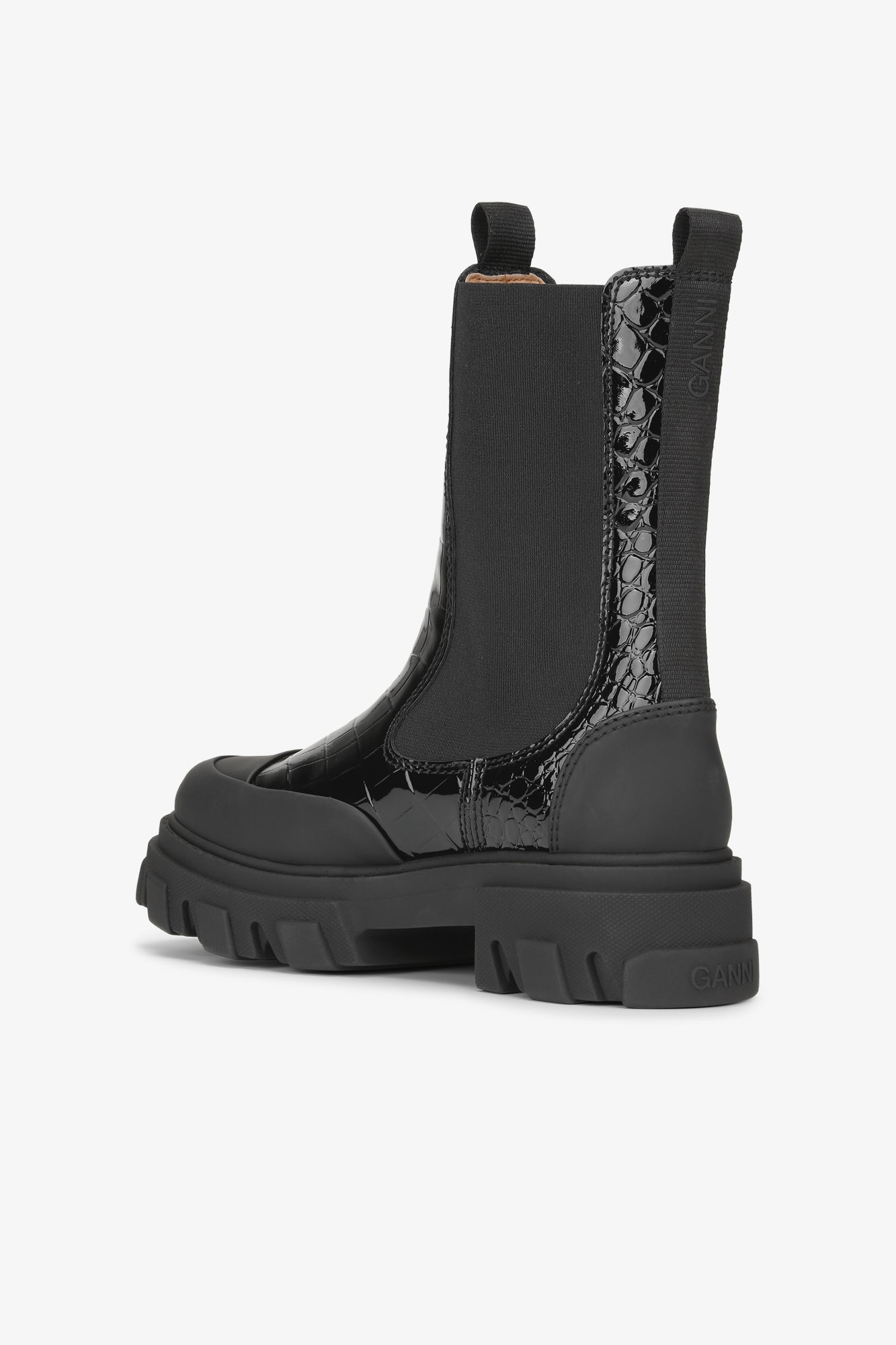 Cleated Mid Chelsea Boot Patent Croco | Black