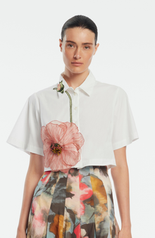 Peony Embroidered Cotton Poplin Cropped Shirt | White/Pink