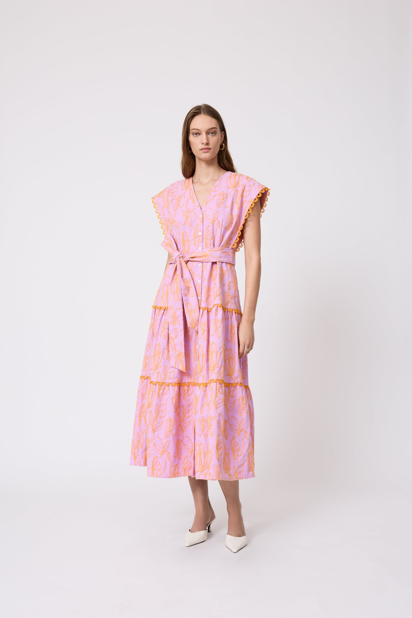 Thread Embroidered Canvas Tiered Dress | Orchid
