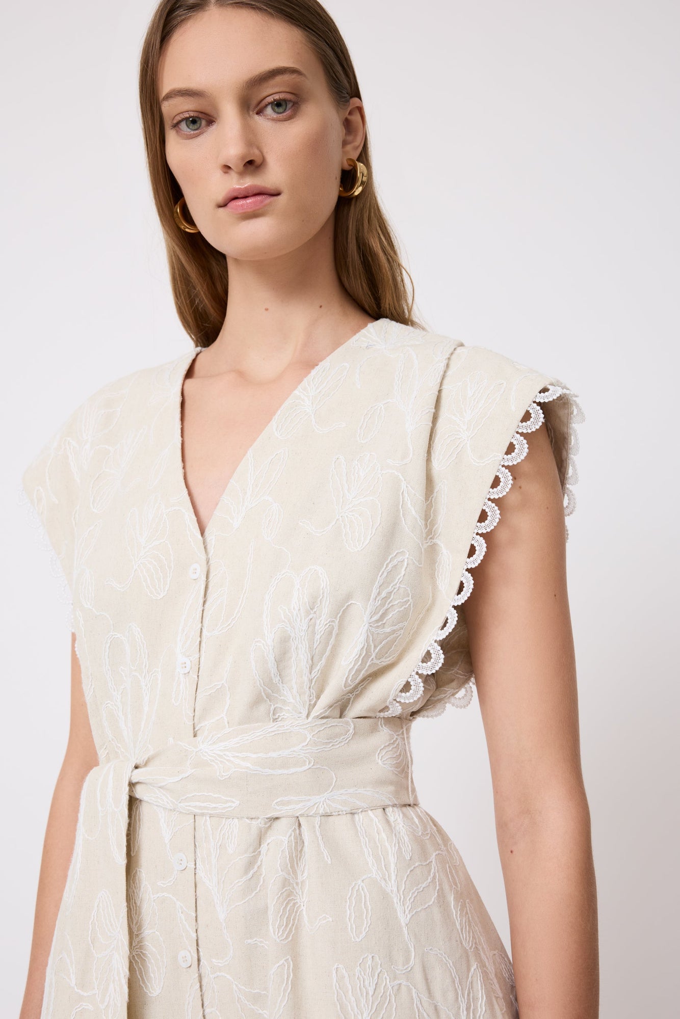 Thread Embroidered Canvas Tiered Dress | Bone