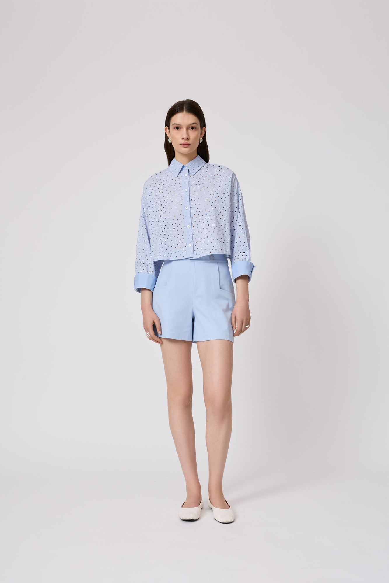Polka Dot Eyelet Cropped Shirt | Cloud