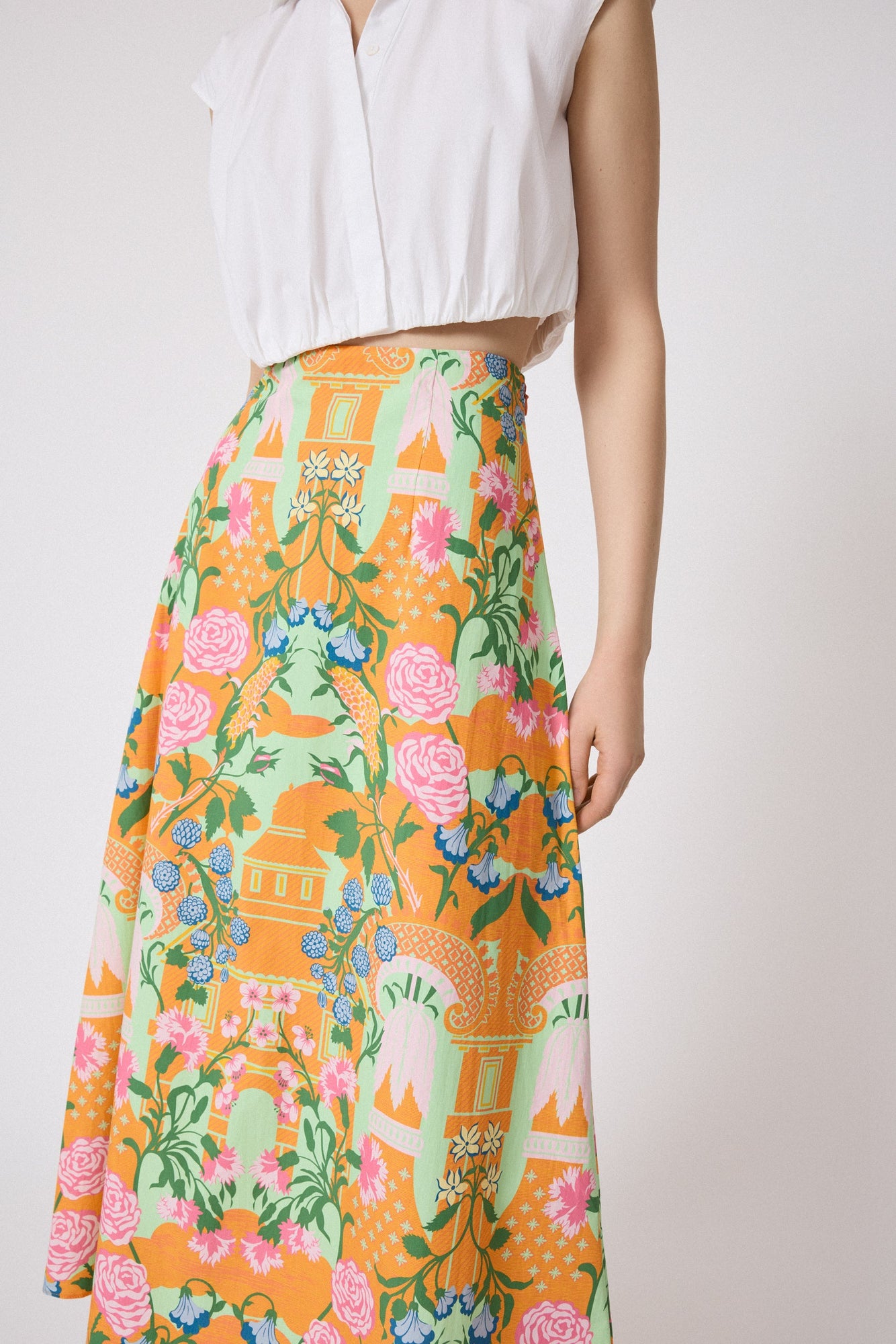 Rose Garden Cotton Midi Skirt | Marigold Multi