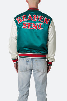 Satin Varsity Jacket | Green x White