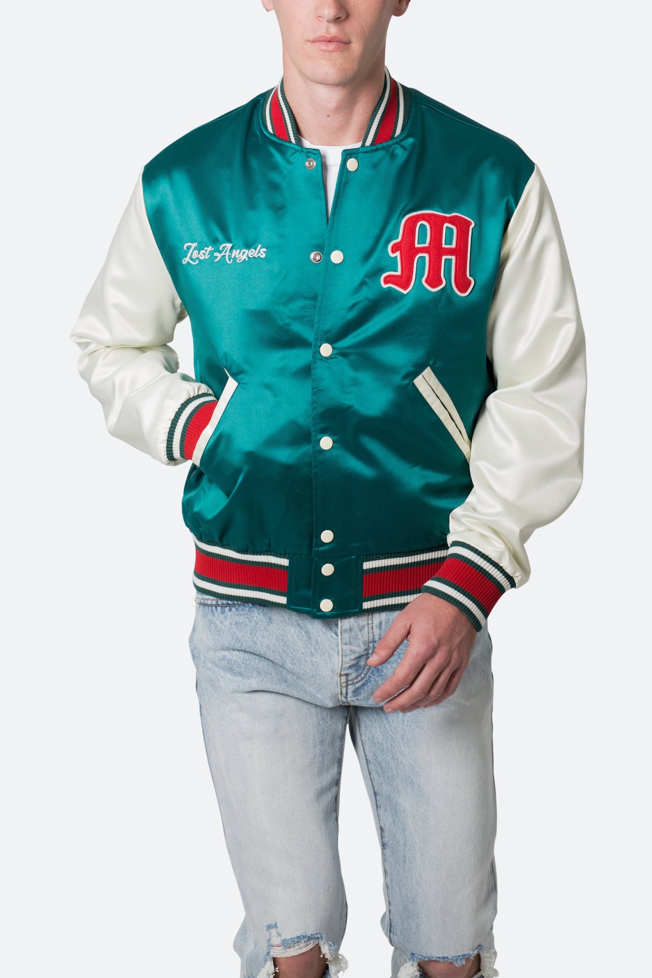 Satin Varsity Jacket | Green x White