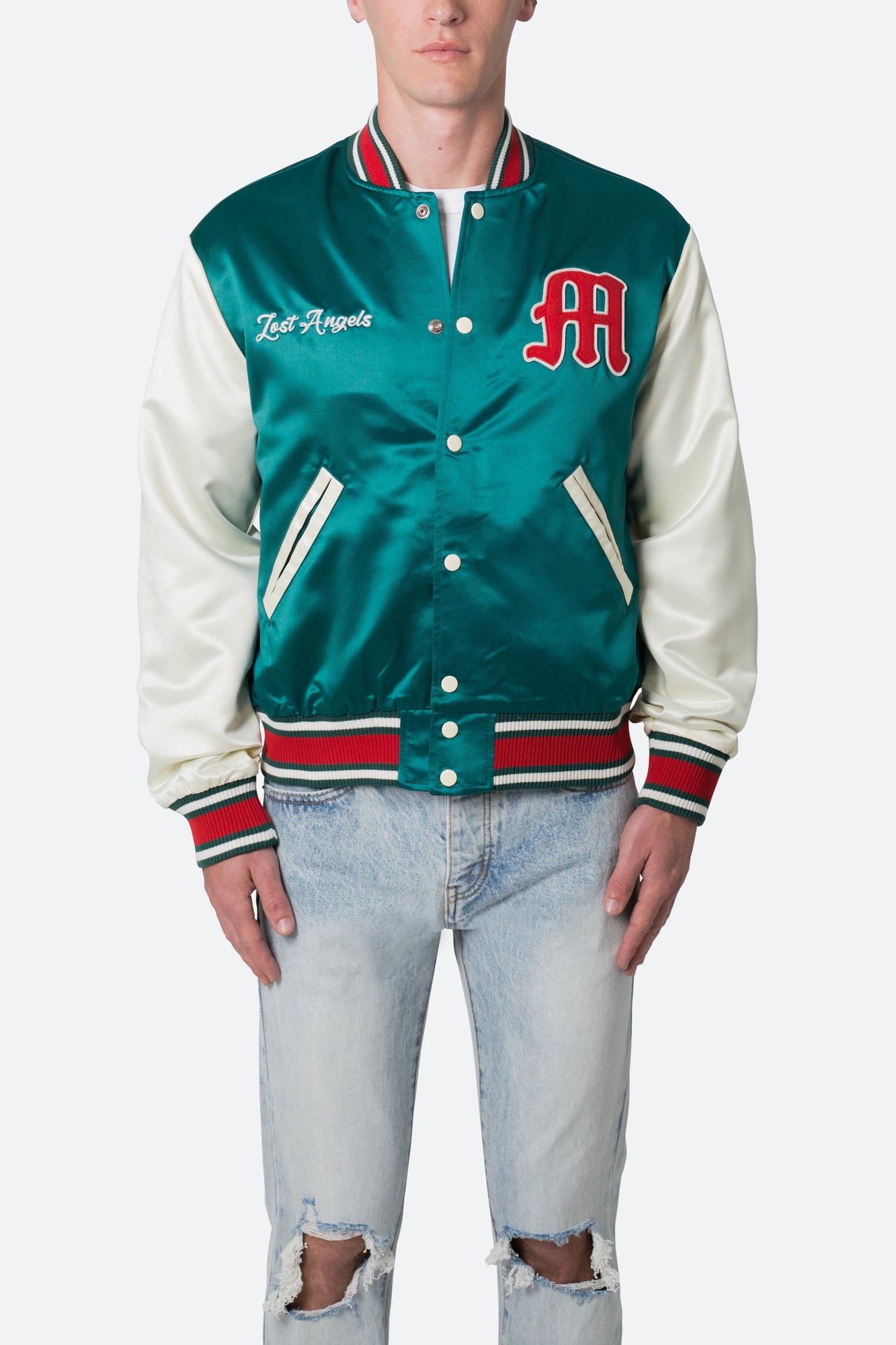 Satin Varsity Jacket | Green x White