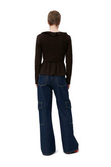 Seersucker Open neck Smock Blouse | Chicory Coffee